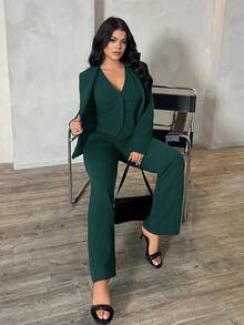 SHEIN SXY 3pcs Set: Sexy Teal Blue Long Sleeve Blazer, Vest And Pants, Suitable For Commuting And Dating, Autumn/Winter Green Set Women Pants Suit Woman Suit Green Pantsuit,Cozy Fall And Winter Clothes For Women Green 2 Piece Set Green Pants Suit - Dark Green - View 5