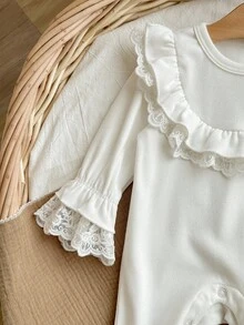 新生女宝宝可爱休闲针织弹力白色荷叶边长袖连体衣 - 白色 - 查看 5
