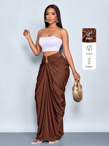 SOLERSUN Women's Fashion Solid Color Gathered Ruched Skirt - Coffee Brown - View 1