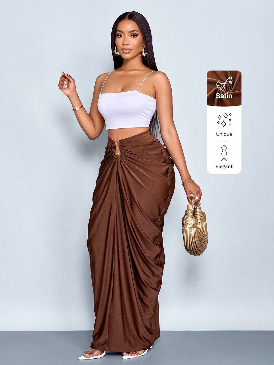 SOLERSUN Women's Fashion Solid Color Gathered Ruched Skirt - Coffee Brown - View 1