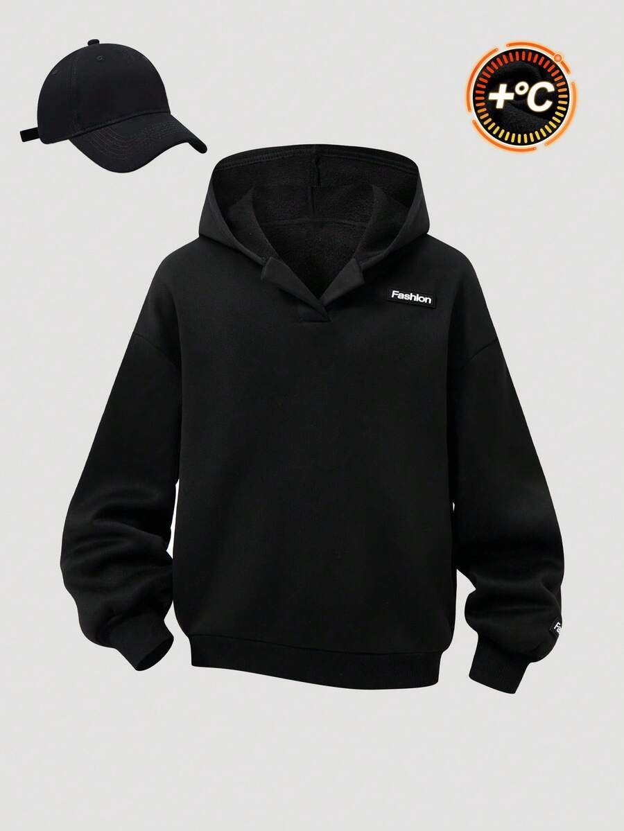 少女休闲日常百搭舒适字母贴布宽松长袖针织卫衣，适合上学、花园、海滩、生日、春、夏、秋、冬等各种场合。 - 黑色 - 查看 1