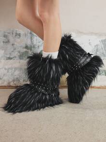 Sugerpunk 新款厚底雪地靴，毛皮衬里铆钉系带踝靴，修身深色哥特风格 - 黑色 - 查看 3