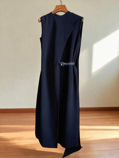 Franclia 休闲通勤纯色无袖中长连衣裙