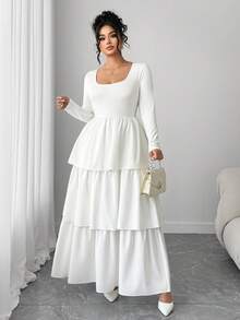 Elenzga Plus Size Women's Minimalist Solid Color Square Neck Long Sleeve Knit Patchwork Cake Hem Unique Dress - White - View 6