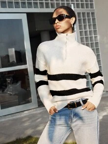 SHEIN LUNE 女士休闲时尚简约通勤百搭宽松拉链领罗纹套头毛衣，秋冬 - 白色 - 查看 6