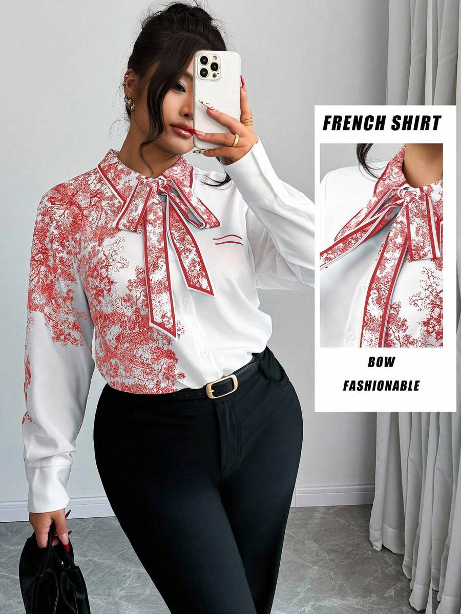 Elenzga Plus Size Random Print Tie Collar Elegant Office Long Sleeve Shirt - Red and White - View 1