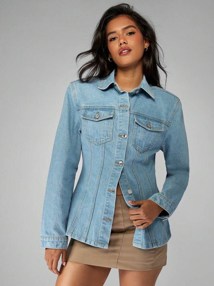 MISSGUIDED Chaqueta vaquera de algodón con cintura ceñida, abotonada, con cuello ajustado, estilo western, de manga larga, lavado claro, para primavera y otoño, prenda exterior, moda clásica y esencial