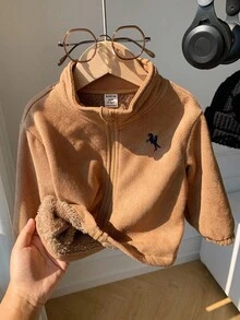 SHEIN Baby Boys Suede Thermal Lined Stand Collar Zip Up Jacket, Khaki, Suitable For Indoor, Outdoor, Casual, Sports, Play, Party Holiday, Festival, Rave In Autumn/Winter