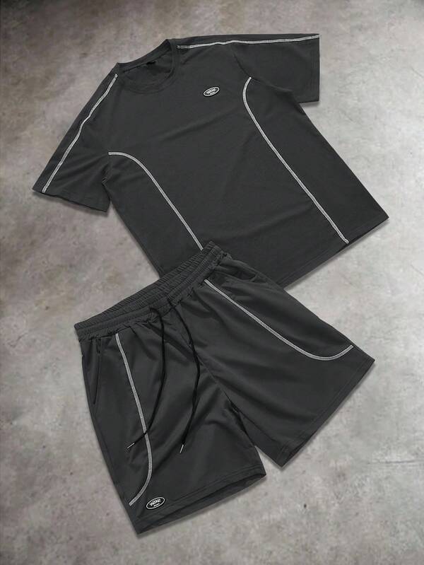 Manfinity EMRG Men's Letter Print Crew Neck Short Sleeve Casual T-Shirt And Drawstring Waist Shorts Set Men 2 Piece Short Set Men Active Wear Set Men Sport Set Men Black Short Set Men Gym Clothes Set