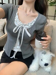 DAZY 女式夏季二合一荷叶边蝴蝶结短袖T恤