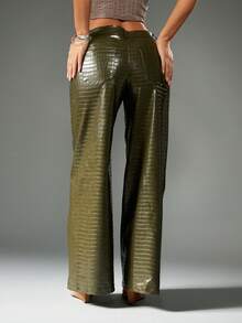 MISSGUIDED Pantalones de pierna ancha con acabado brillante, de estampado metálico, de talle alto para fiesta de noche, club y declaración de moda de otoño, invierno y Navidad - Verde - Ver 2