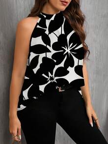 SHEIN Clasi 加大码节日花卉印花休闲简约衬衫，适合夏季 - 黑與白 - 查看 6