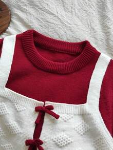 SHEIN Mädchen modischer Rundhals-Pullover, 2-in-1 gestrickter Langarm-Top mit süßer Schleife, elegant & stilvoll, geeignet für Herbst/Winter, vielseitig für den täglichen Gebrauch, Ausflüge, Reisen und Feiertage - Bordeaux - Übersicht 3