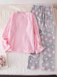 Teen Girl Minimalist Pink Star Pattern Fleece Long Sleeve Top And Pants 2 Pieces Pajama Set Teen Girl Fluffy Matching Pjs - Pink - View 2
