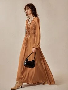 Florisole Váy Maxi Dài Phong Cách Bohemian Mùa Hè Mới Của Pháp, Cổ Chữ V, Thắt Lưng, Ôm Vừa Vặn, Thời Trang Đa Năng Cho Nữ - màu nâu - Xem 4