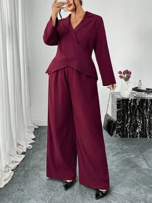Firerie 大码女式纯色翻领长袖时尚百搭西装套装 - 酒紅色 - 查看 6