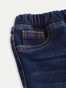 SHEIN Baby Girls' Cute Basic Navy Blue Denim Thermal Lined Elastic Skinny Pants, Autumn/Winter Fall,Fall Clothes,Winter Clothes ,Casual And Fashionable Vacation Outfits - Dark Wash - View 3