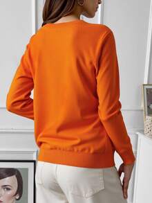 EMERY ROSE Solid Color Round Neck Front Button Casual Cardigan Fall Winter Cloth For Women - Orange - View 3