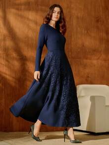 Anewsta 女士优雅花卉蕾丝拼接 A 字连衣裙，海军蓝圆领长袖收腰简约连衣裙，适合约会、秋季穿着 - 藏蓝色 - 查看 6
