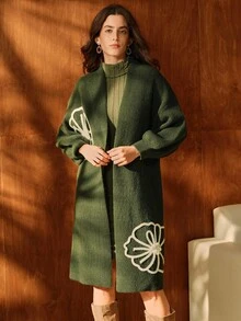 Anewsta 优雅的法式线条图案女式长款开衫毛衣，适合秋季、冬季、优雅、别致、新年、休闲、圣诞节 - 綠色 - 查看 4