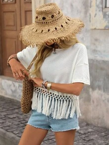 Brillora Màu thuần Vòng cổ Dệt kim Sọc Áo thun - Màu be - Xem 3