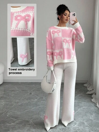 Elenzga 2 件女式格子蝴蝶结装饰圆领长袖针织毛衣套装，百搭秋冬