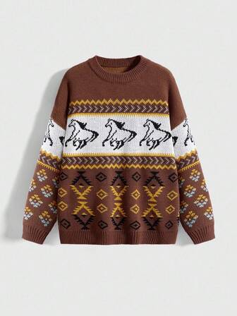 Hippie Suéter de mujer estilo vaquero con estampado geométrico de caballos en estilo Fair Isle