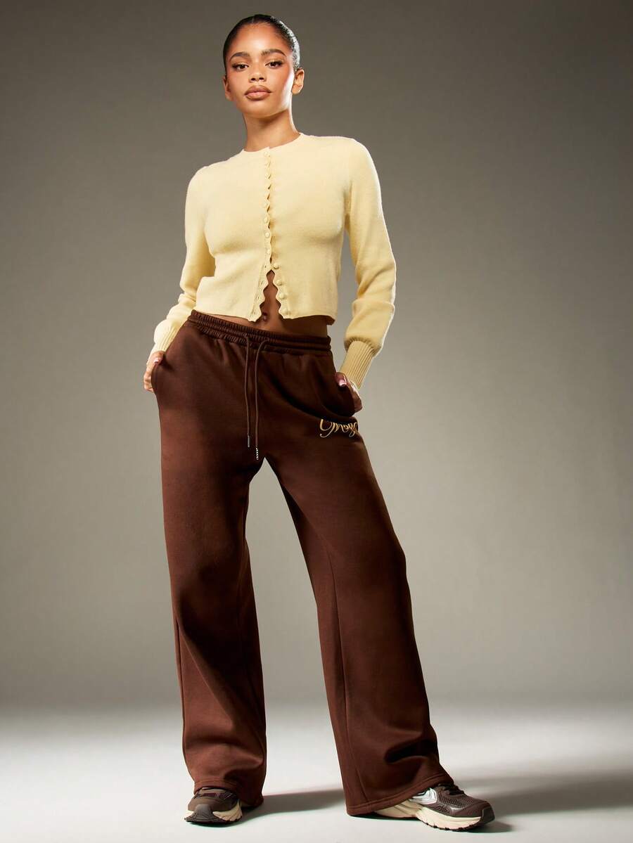 MISSGUIDED Pantalones de chándal de pierna ancha con estilo retro, bordados con texto, cintura alta, joggers casuales, cómodos para el invierno y uso urbano - Marrón - Ver 1