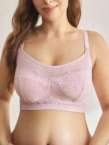 1pc Lavender Floral Lace Sheer Plus Size Maternity & Nursing Bra, Soft & Comfortable, Minimalist Design For Everyday Wear