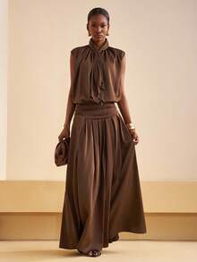 Zivah 2025 Winter New Style Christmas New Year Birthday Party Banquet Preppy Style Student Wear Everyday Street Basic Versatile Casual Cruise Travel Internet Celebrity Hot Style Elegant Commuter Business Casual Gathered Small Stand-Up Collar V-Neck Loose Shirt With Ribbon + Gathered Maxi Skirt Coffee Glitter Satin Satin Autumn/Winter Set Christmas Set New Year Set Women's Two-Piece Set - Rust Brown - View 5