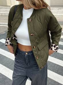 Serisse Abrigo acolchado y acolchado para mujer con cierre de botones delantero, casual y cálido para otoño/invierno - Verde militar - Ver 4