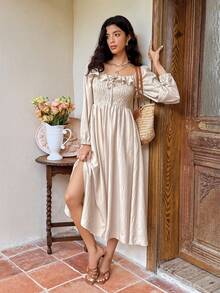 SHEIN Frenchy Đầm dài tay dáng suông, viền bèo nhún màu trơn, thường ngày cho kỳ nghỉ của phụ nữ - Màu be - Xem 4