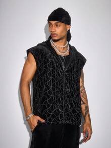 ROMWE MEN Street Life Men's Hooded Zip Front Avant Casual Velvet Vest, For Fall Winter - Black - View 10