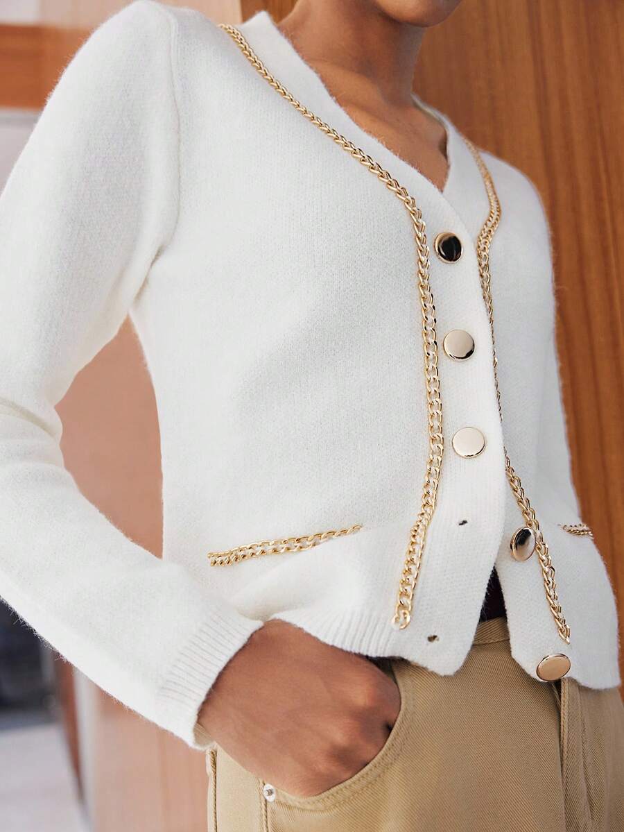 Lumivelle Women's Metal Chain Decor Heart Metal Button White Knitted Cardigan, Autumn/Winter