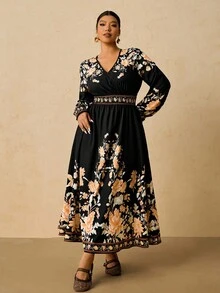 SHEIN VCAY 大码秋季服装全印花褶皱豹纹长袖连衣裙/秋季连衣裙/秋季女装秋季婚礼宾客连衣裙优雅女士连衣裙商务休闲女士工作连衣裙商务连衣裙 - 彩色 - 查看 5
