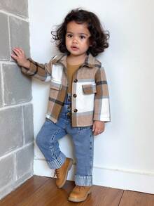 SHEIN 3pcs/Set Fashionable Girls Plaid Shacket + Knit Camisole + Washed Straight Jeans Outfit, Autumn Fall Winter Toddler Girls Cute Vintage Modest Style - Khaki - View 3