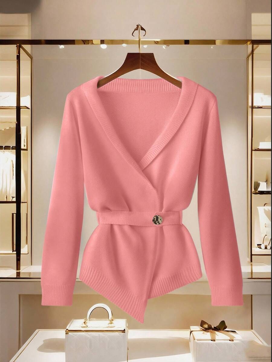 Franclia Cardigan croisé élégant de couleur unie pour femmes, convient pour le trajet domicile-travail - Rose bonbon - Voir 1
