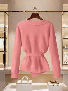 Franclia Cardigan croisé élégant de couleur unie pour femmes, convient pour le trajet domicile-travail - Rose bonbon - Voir 2
