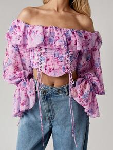 MISSGUIDED 露肩紧身胸衣短款上衣荷叶边长袖系带前开襟花卉印花露肩衬衫夏季节日假期波西米亚风农民风格 - 紫羅蘭色 - 查看 5