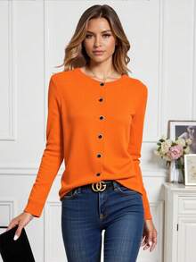 EMERY ROSE Solid Color Round Neck Front Button Casual Cardigan Fall Winter Cloth For Women - Orange - View 2