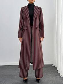 SHEIN 2pcs Women's Striped Regular-Shoulder Long Sleeve Fashionable Long Overcoat & Pants Set - Red - View 4