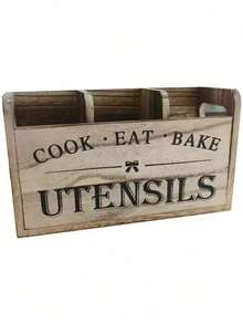 SHEIN Rustic Wooden Kitchen Utensil Holder | 1pc | Wood Material | 3-Compartment Storage Box, Countertop & Wall-Mounted Organizer | Kitchen Accessories For Cook, Eat, Bake Tools |