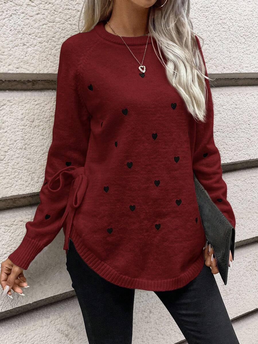 SHEIN Frenchy 女式心形图案圆领插肩袖侧系带休闲毛衣,秋冬 - 酒紅色 - 查看 1