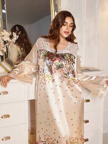 MuseNap CURVE 大码优雅蕾丝花领宽松仿丝睡裙，适合居家休闲或外穿，冬季宽松睡裙 - 彩色 - 查看 5