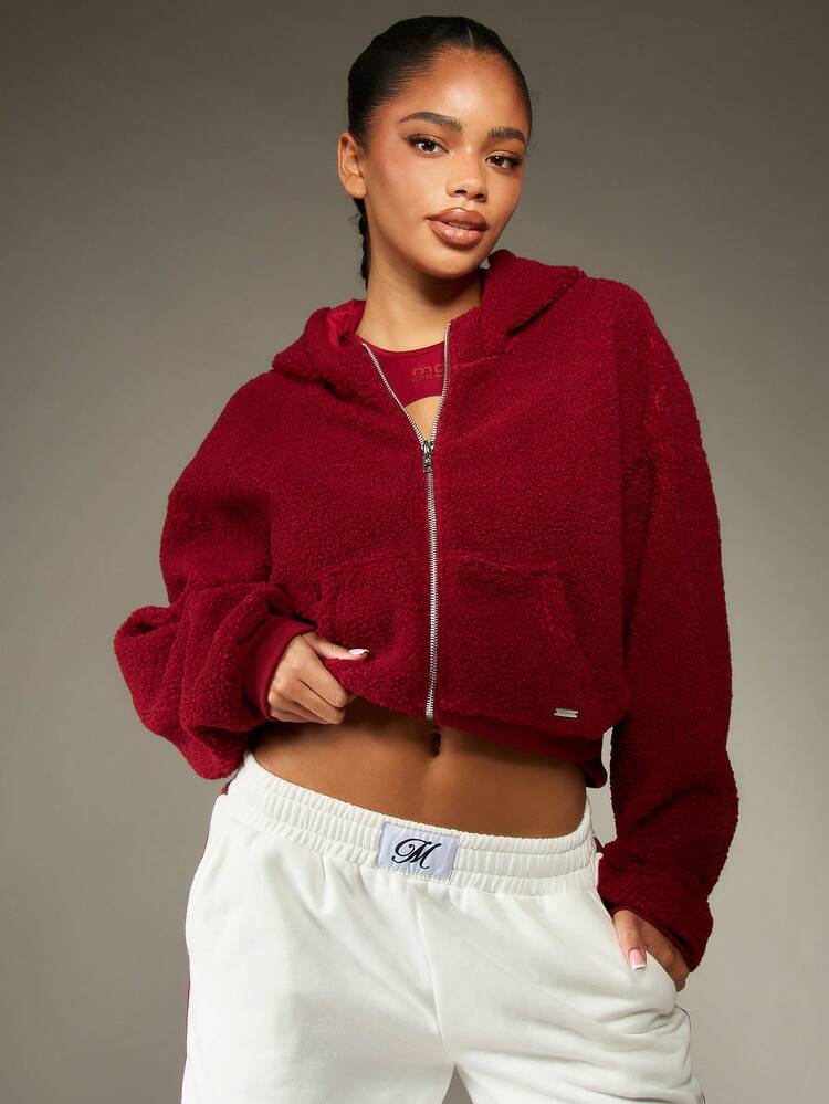 MISSGUIDED Sherpa Fleece Cropped Full Zip Hoodie With Drawstring Christmas