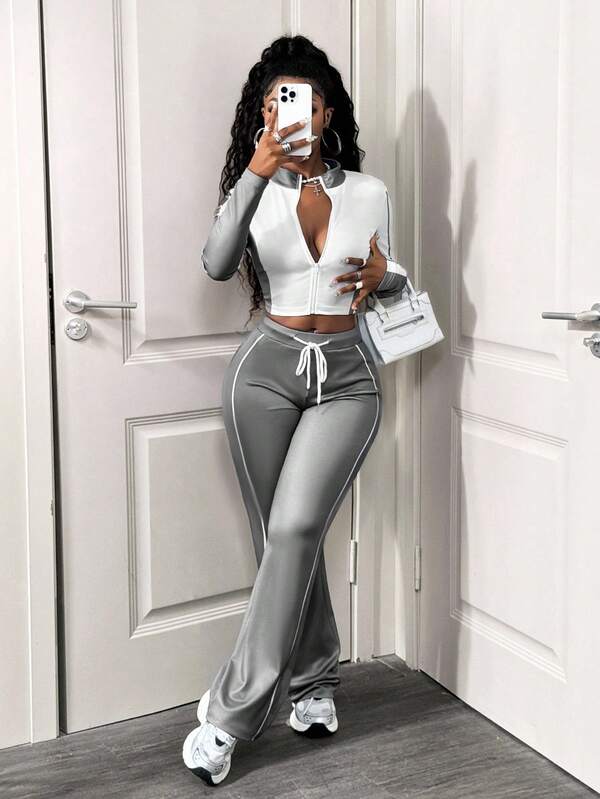 SHEIN BamGlam Women's Casual 2 Pieces Set, Color Block Design, Long Sleeve Zip-Up Jacket And Drawstring Pants, Autumn