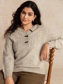 EMERY ROSE Cardigan à capuche et boutons en tricot torsadé grande taille, pull à manches longues, confortable pour le trajet et le port casual