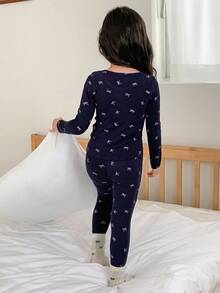 DAZY 少女蝴蝶结印花长袖睡衣套装 - 藏蓝色 - 查看 5