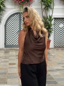 Jeta Ari 優雅女士杏色披肩領頸結簡易襯衫 - 咖啡棕 - 查看 6