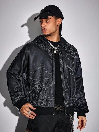 ROMWE MEN Goth Men's Casual Dark Academia Spider Web Jacket And Coat, For Fall